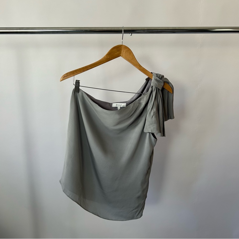 Milly Cindy One-Shoulder Stretch Silk Top in gray size Large. - Picture 2 of 14